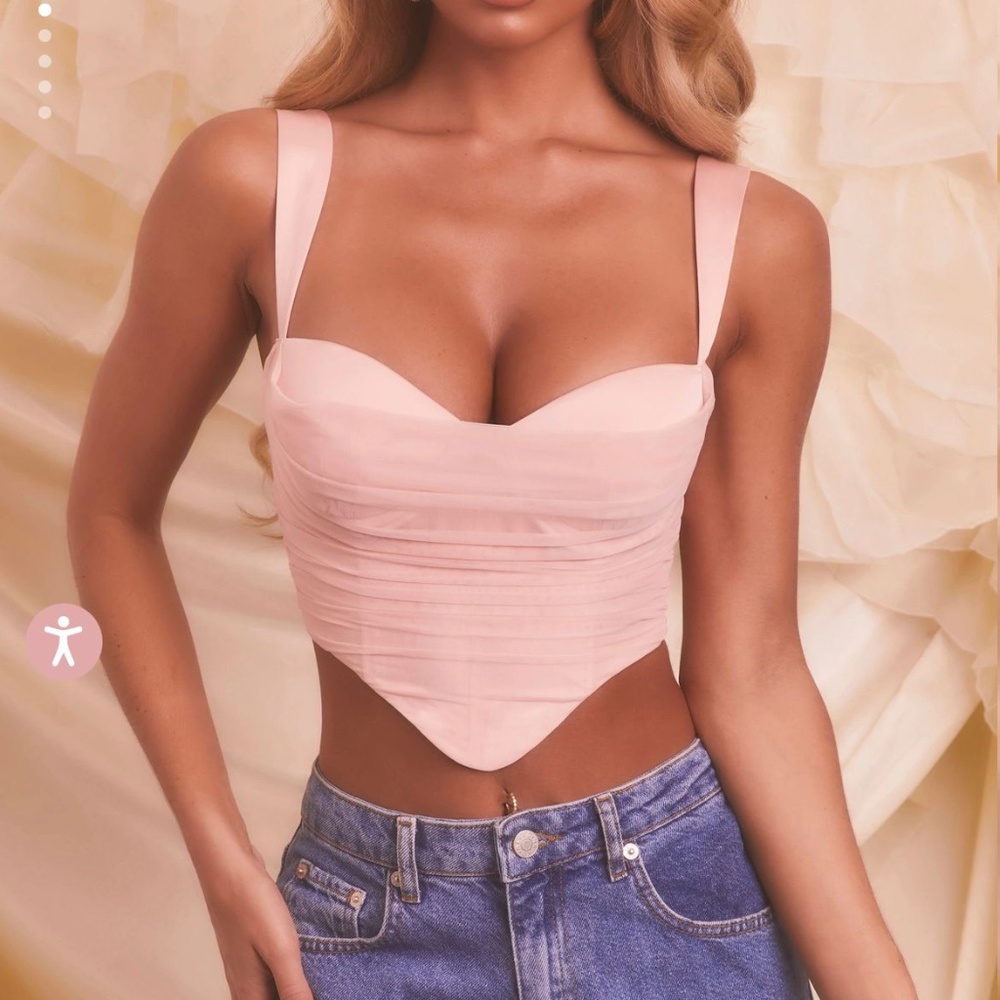 Oh Polly Satin Mesh Bustier Crop Top in Blush
